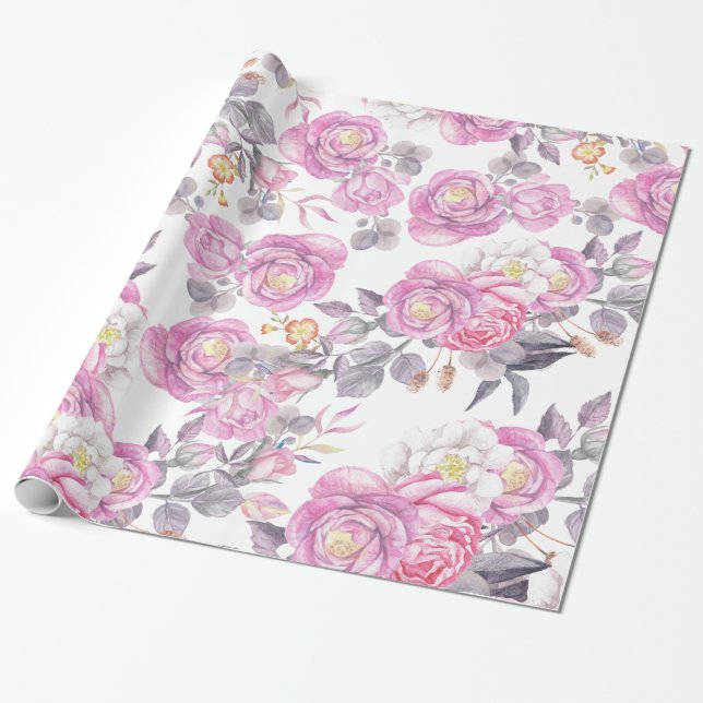 Papier Cadeau Fleurs élégantes grises de roses de pays de rose (Déroulé)