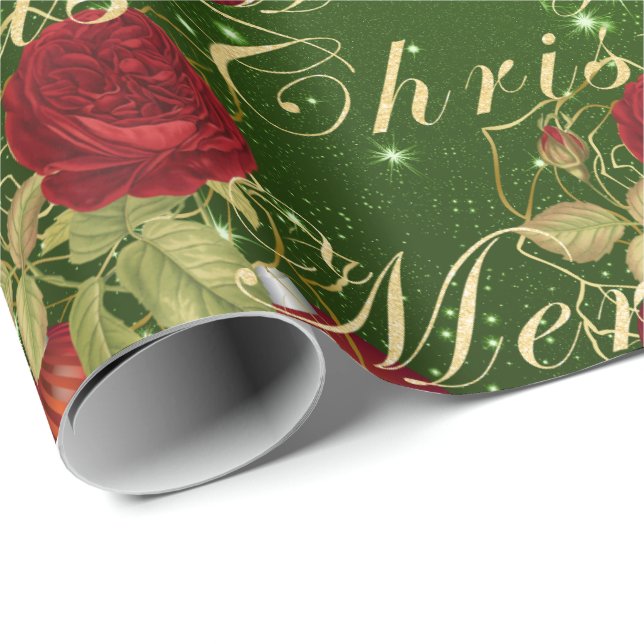 Papier Cadeau Fleurs élégantes Joyeux Noël or parties scintillan (Coin rond)
