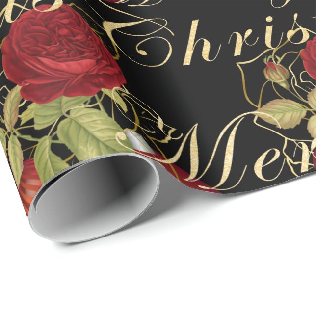 Papier Cadeau Fleurs élégantes Joyeux Noël or parties scintillan (Coin rond)