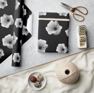 Papier Cadeau Fleurs élégantes noires et blanches Motif minimali