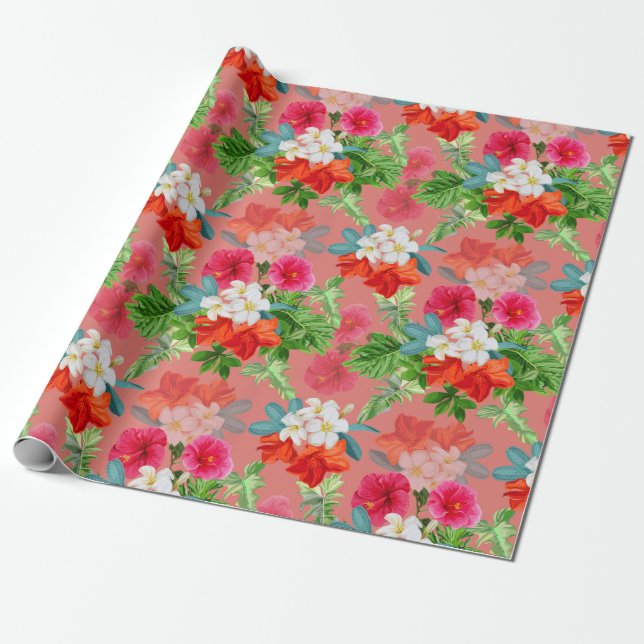 Papier Cadeau Fleurs Élégantes sur Fond Rose (Déroulé)