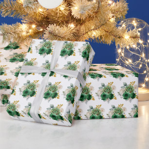 Papier Cadeau Fleurs élégantes vert foncé et or