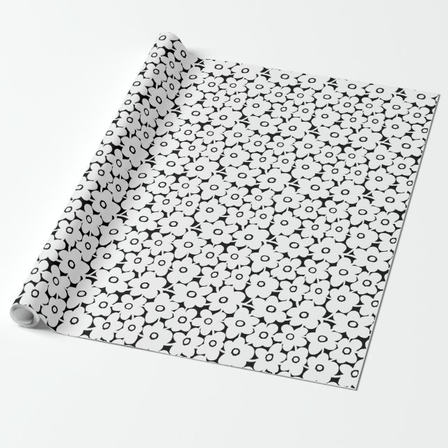 Papier Cadeau Fleurs en gras - Blanc sur Noir (Déroulé)
