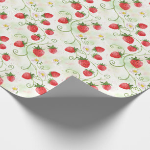 Papier Cadeau Fleurs et Baies de Fraisier Style Aquarelle