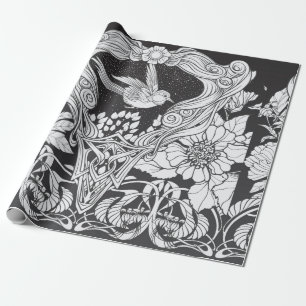 Papier Cadeau Fleurs et oiseau dans un style Art nouveau sans co