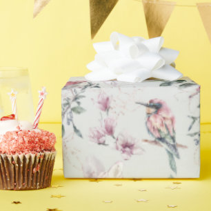 Papier Cadeau Fleurs et oiseaux à l'aquarelle Rose mariage