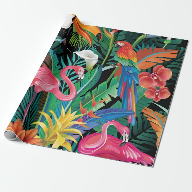 Papier Cadeau Fleurs et oiseaux tropicaux (Déroulé)