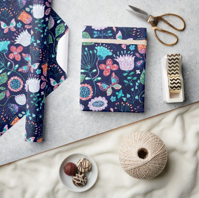 Papier Cadeau Fleurs exotiques colorées motif (Artisanat)