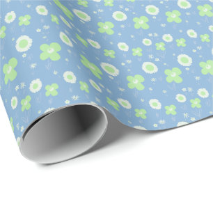 Papier Cadeau Fleurs Faisées Pastel Vert Blanc Sur Bleu Pastel