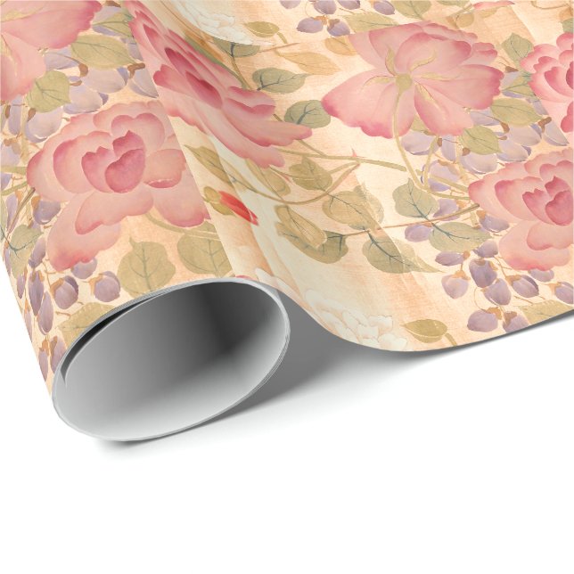 Papier Cadeau Fleurs florales de roses asiatiques de glycines (Coin rond)