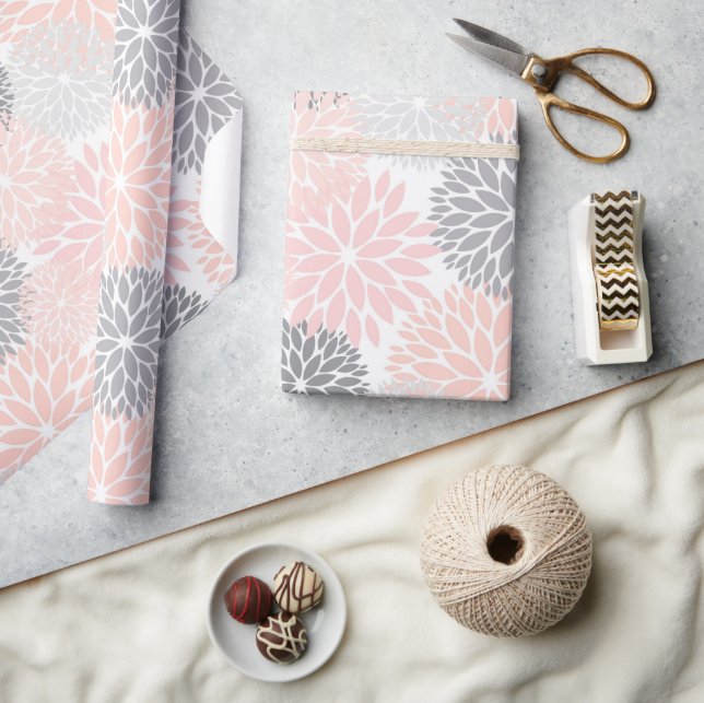 Papier Cadeau Fleurs Gris Rose Rose Chic Et Élégantes (Artisanat)