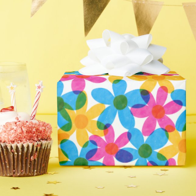 Papier Cadeau Fleurs hippies brillantes et audacieuses Retro Flo (Fête d'anniversaire)