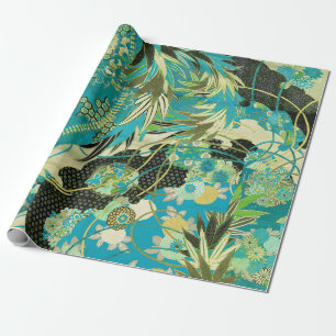 Papier Cadeau FLEURS JAPONAISES ANCIENNES Aqua Blue Green Floral