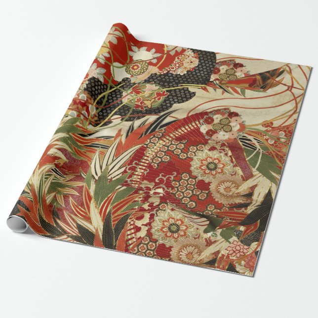 Papier Cadeau FLEURS JAPONAISES ANCIENNES Rouge Vert Noir Floral (Déroulé)