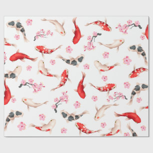 Papier Cadeau FLEURS japonaises ET POISSON KOI blanc et rouge