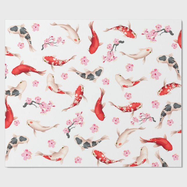 Papier Cadeau FLEURS japonaises ET POISSON KOI blanc et rouge (Plat)