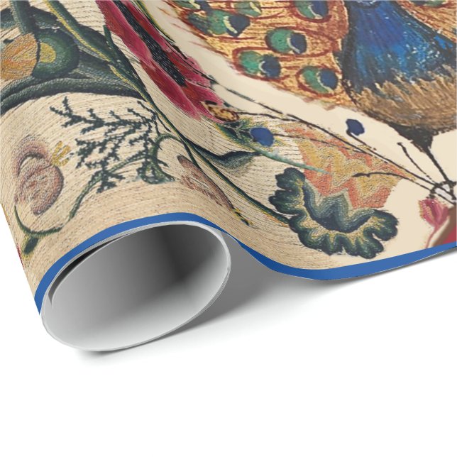 Papier Cadeau FLEURS JAUNES BLEU ROUGE ET PARACOCK Antique Flora (Coin rond)