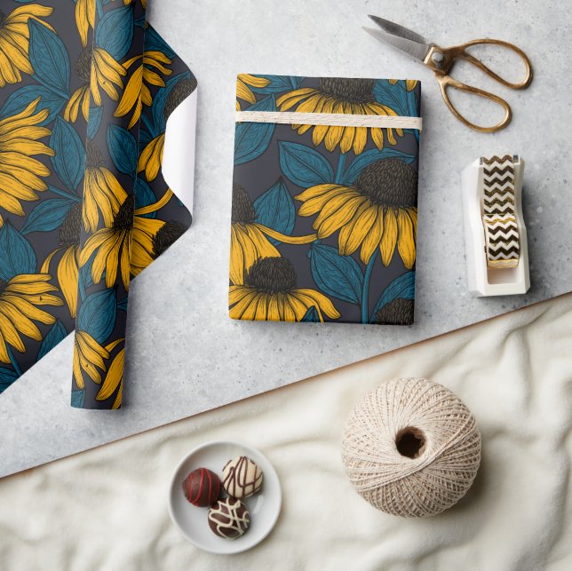 Papier Cadeau Fleurs jaunes sur bleu foncé (Artisanat)