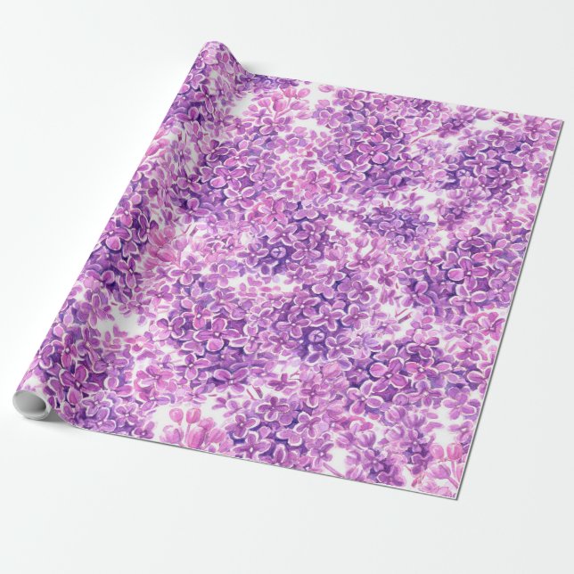 Papier Cadeau Fleurs lilas rose aquarelle (Déroulé)