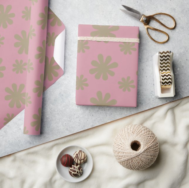 Papier Cadeau Fleurs marguerites Abstraites rétro chic sur rose (Artisanat)