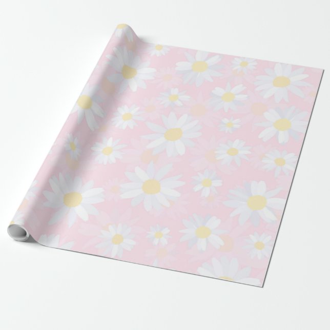 Papier Cadeau Fleurs marguerites blanches Florales roses (Déroulé)