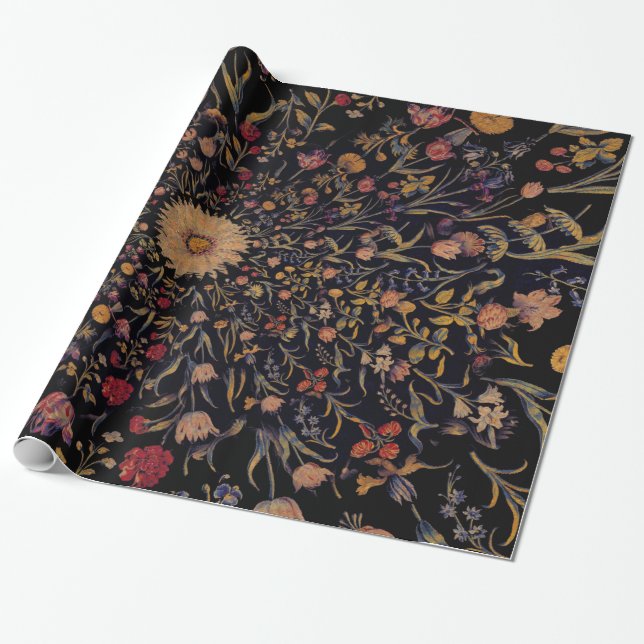 Papier Cadeau Fleurs médiévales en noir (Déroulé)