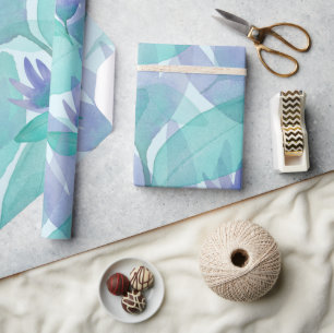 Papier Cadeau Fleurs merveilleuses aquarelle bleu des Caraïbes