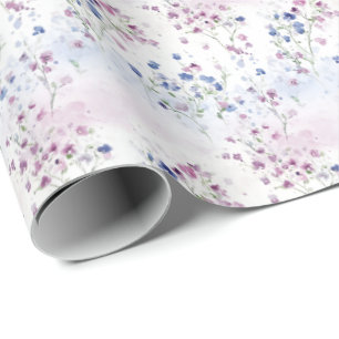Papier Cadeau Fleurs minuscules violettes et bleues sur blanc