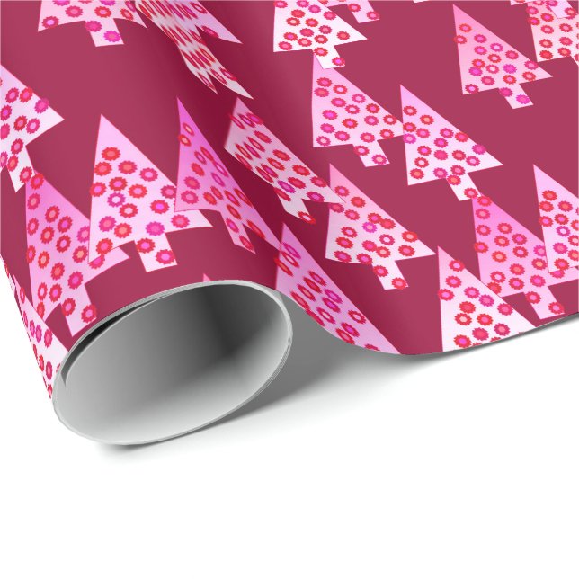 Papier Cadeau Fleurs modernes arbres de Noël - vin & rose (Coin rond)