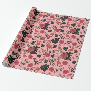 Papier Cadeau Fleurs motifs et feuilles flamands roses