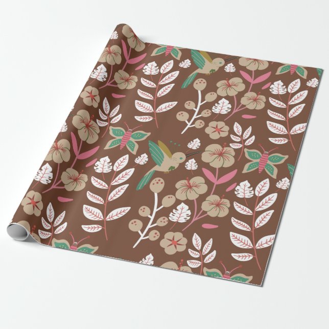 Papier Cadeau Fleurs motifs florales sans soudure, feuilles, pap (Déroulé)
