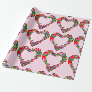 Papier Cadeau Fleurs multicolores vintages Coeur sur rose