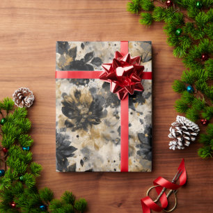 Papier Cadeau Fleurs noires en détresse vintage sur fond beige