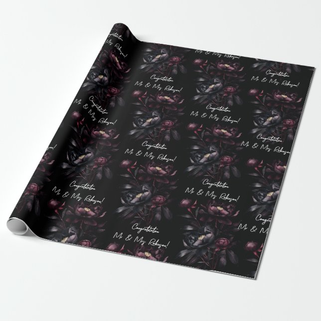 Papier Cadeau Fleurs noires félicitations monsieur et madame mar (Déroulé)