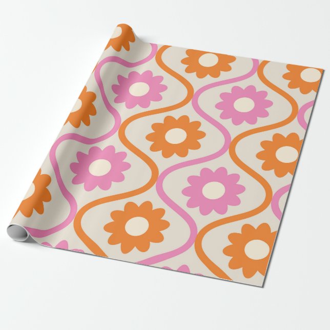 Papier Cadeau Fleurs orange et rose sur Motif d'oignon rétro (Déroulé)