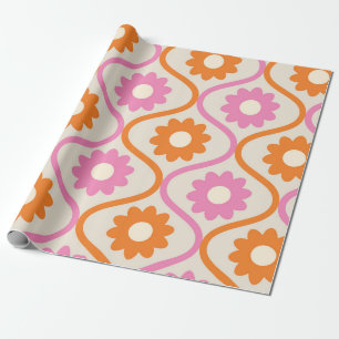 Papier Cadeau Fleurs orange et rose sur motif ogee rétro