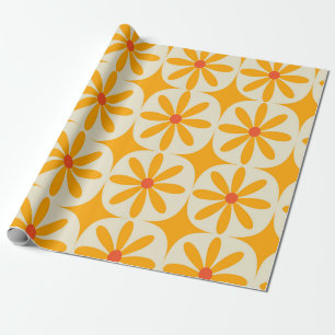 Papier Cadeau Fleurs orange rétro groovy avec explosions atomiqu