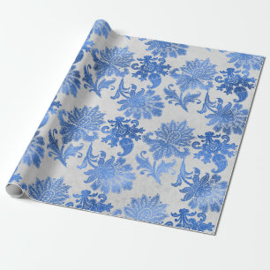 Papier Cadeau Fleurs ornées bleues sur blanc
