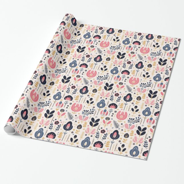 Papier Cadeau Fleurs Papier Motif de style scandinave (Déroulé)