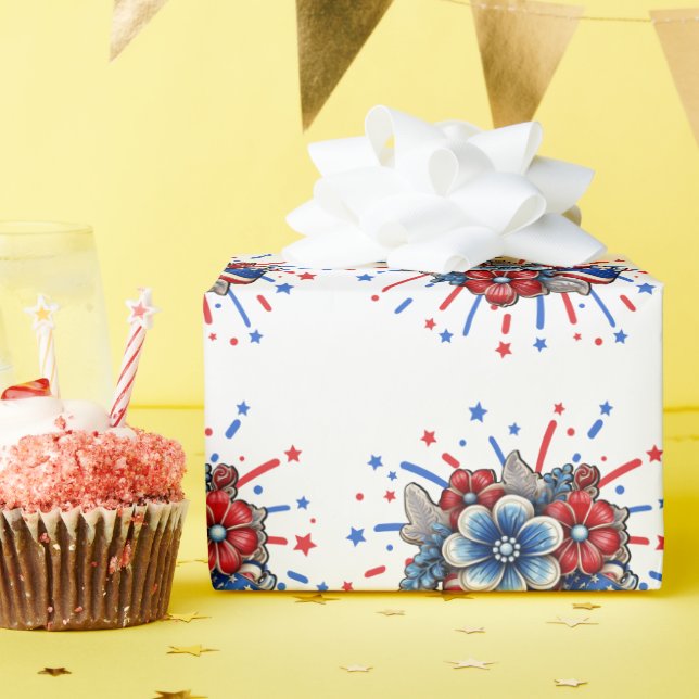 Papier Cadeau Fleurs patriotiques en rouge blanc et 4 juillet bl (Fête d'anniversaire)