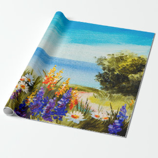 Papier Cadeau fleurs peintes à l'huile près de la mer, champ de 