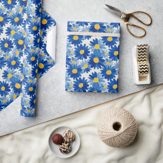 Papier Cadeau Fleurs peintes bleu et jaune (Artisanat)