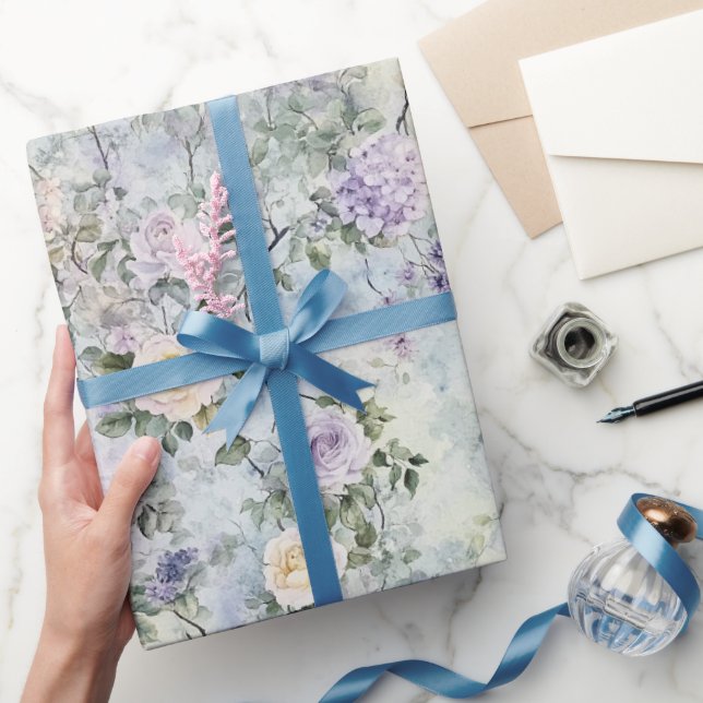 Papier Cadeau Fleurs pourpres crème (Cadeaux)