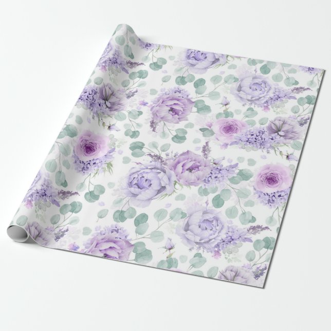 Papier Cadeau Fleurs pourpres Dusty Eucalyptus Feuille Botanique (Déroulé)
