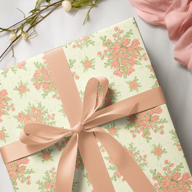 Papier Cadeau Fleurs printanières dans Orange de Pêche 2024 Flor (Créateur téléchargé)