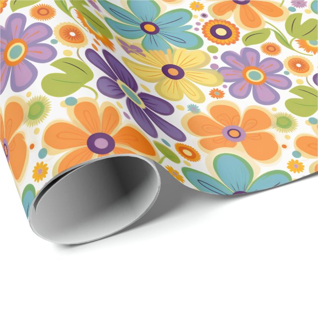 Papier Cadeau Fleurs rétro Lilac orange et vert (Coin rond)