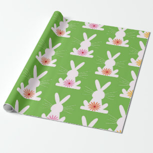 Papier Cadeau Fleurs rétro sur lapins blancs géométriques