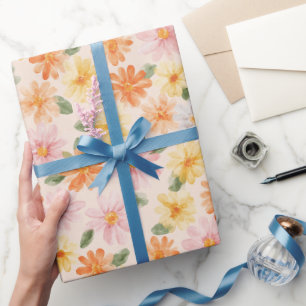 Papier Cadeau Fleurs Rose Jaune Bleu Anniversaire Pêche