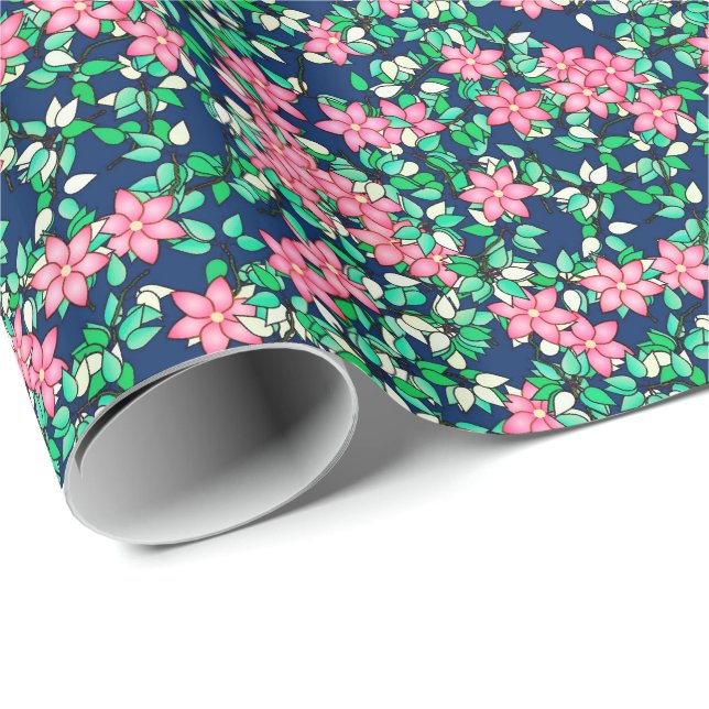 Papier Cadeau Fleurs roses, arrière - plan bleu foncé (Coin rond)