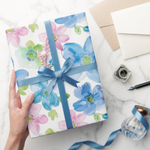 Papier Cadeau Fleurs Roses Bleues Chic Anniversaire